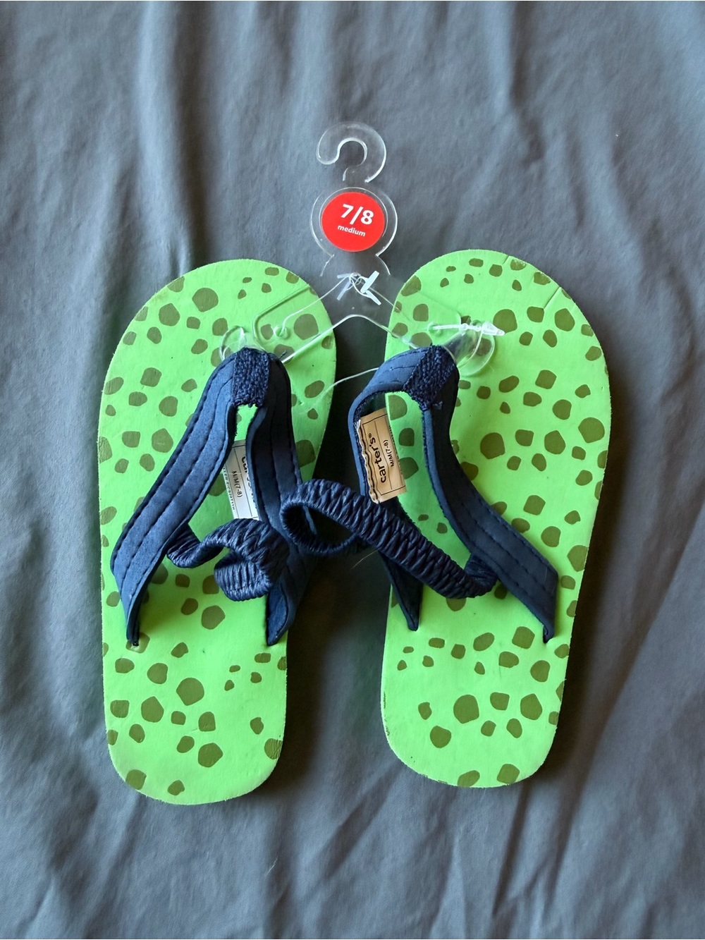 Toddler Flip Flops with Navy Straps and Green Printed Footbed 7/8